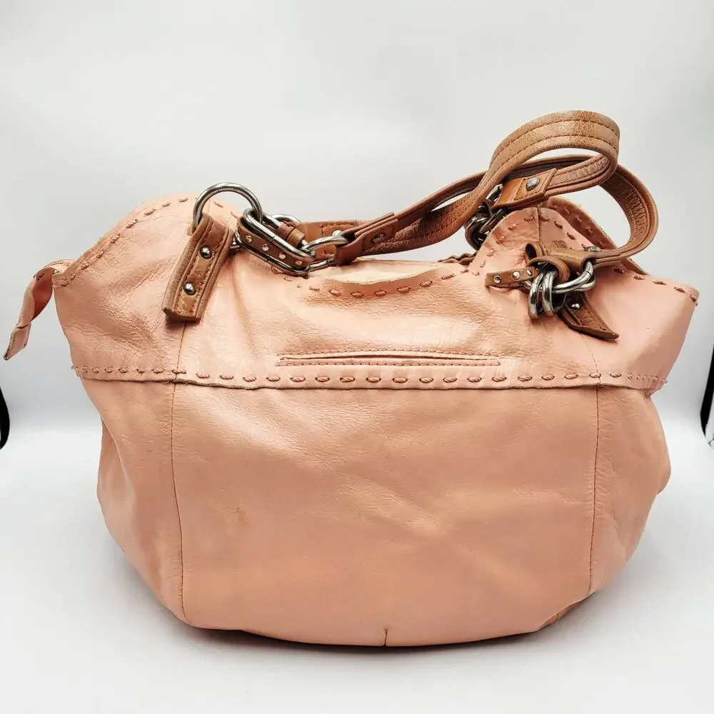 The Sak Pink Coral Salmon Leather Slouch Silhouette Hobo Handbag Stitched Detail